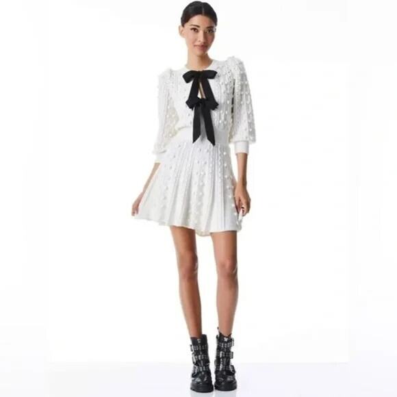 Alice + Olivia Kitty Puff Sleeve Bow Sweater Dress Size S White #1H505